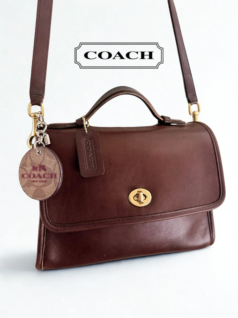Coach Reversible Circular Bag Charm | Signature Canvas & Cranberry Leather | EUC - Picture 1 of 5